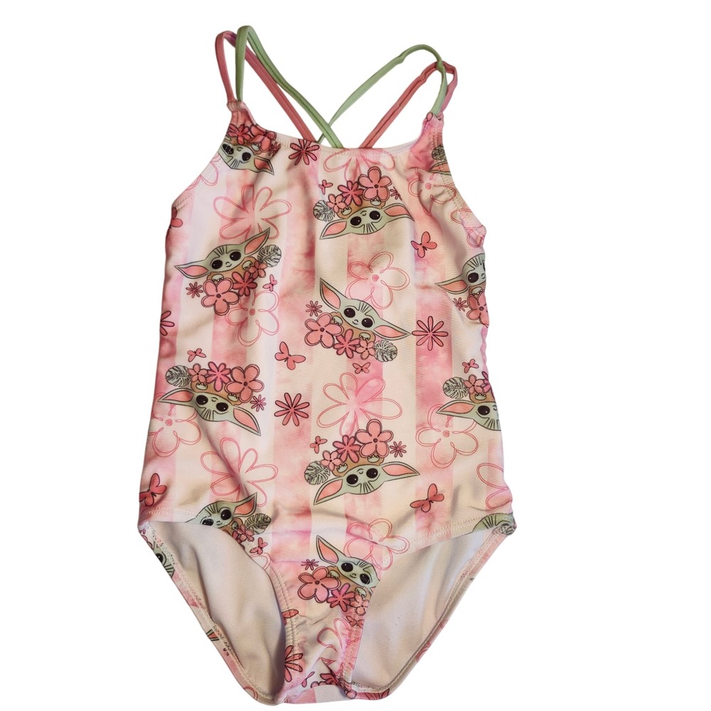 Star Wars Grogu Baby Yoda Girls One Piece Swimsuit Pink Floral Size 6 6X Strappy